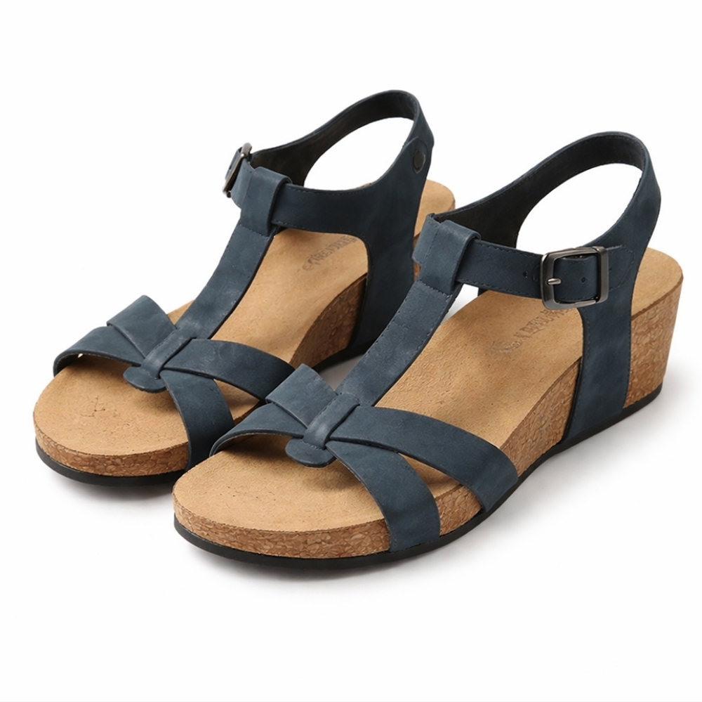 Marina Luna Navy Blue T-Strap Cork Wedge Sandals